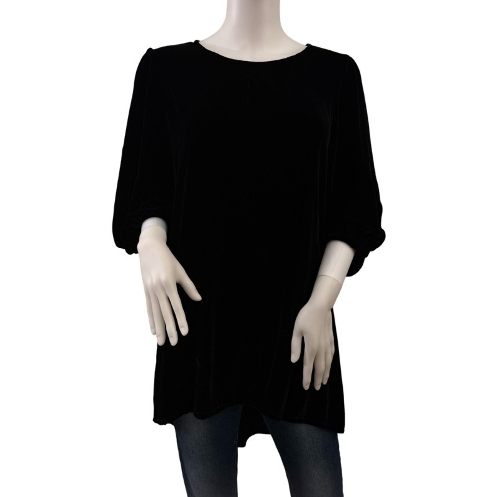 BRYN‎ WALKER Small Black Velvet Puff Sleeve Tunic Top Silk Blend Holiday Party